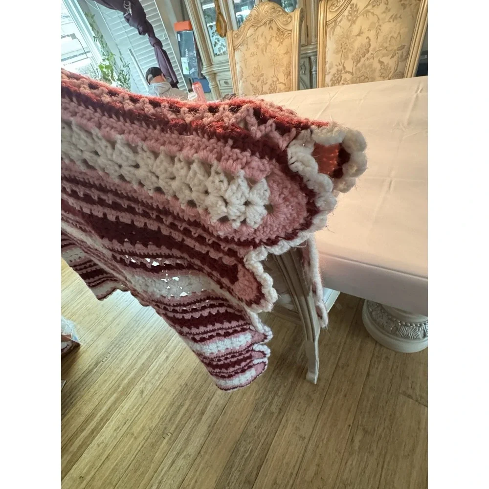 Handmade Red, Pink White Knitted Crocheted Throw Blanket Size 48x64